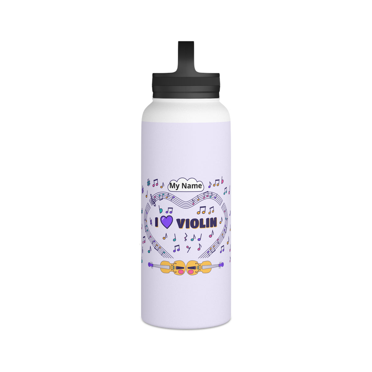 Music-themed Stainless Steel Water Bottle, Handle Lid: 'I love violin' - violet