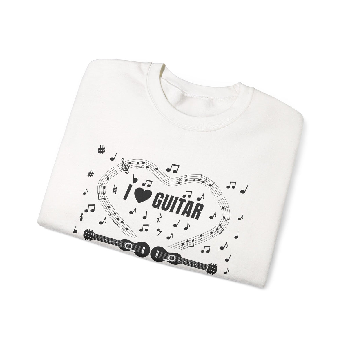 Music-themed Unisex Heavy Blend Crewneck Sweatshirt: 'I love guitar' - black on white
