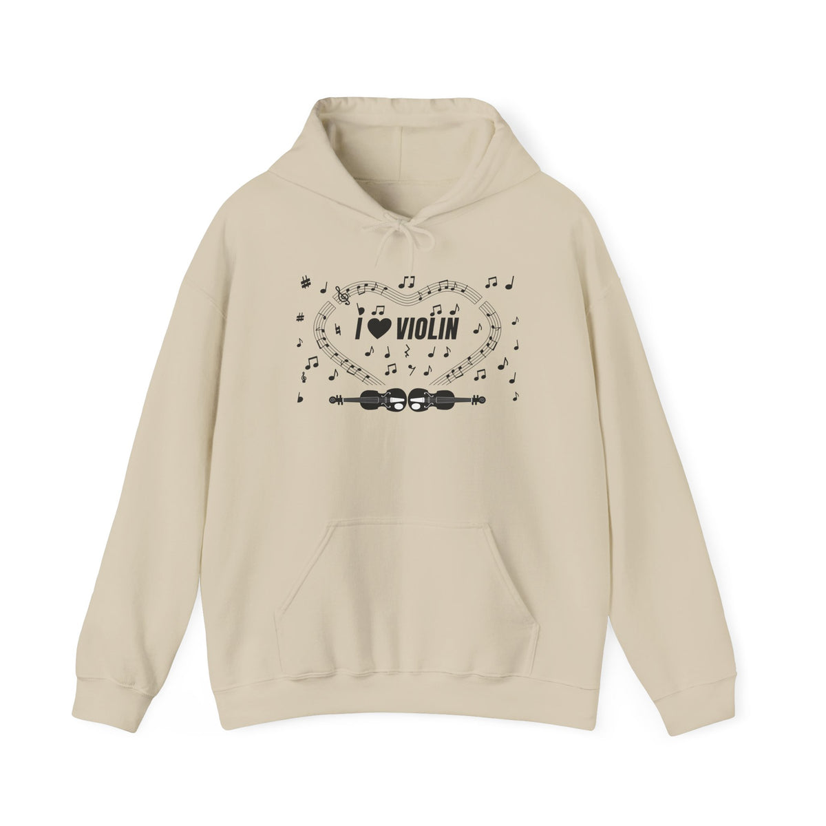 Music-themed Unisex Heavy Blend Hooded Sweatshirt: 'I love violin' - black on white