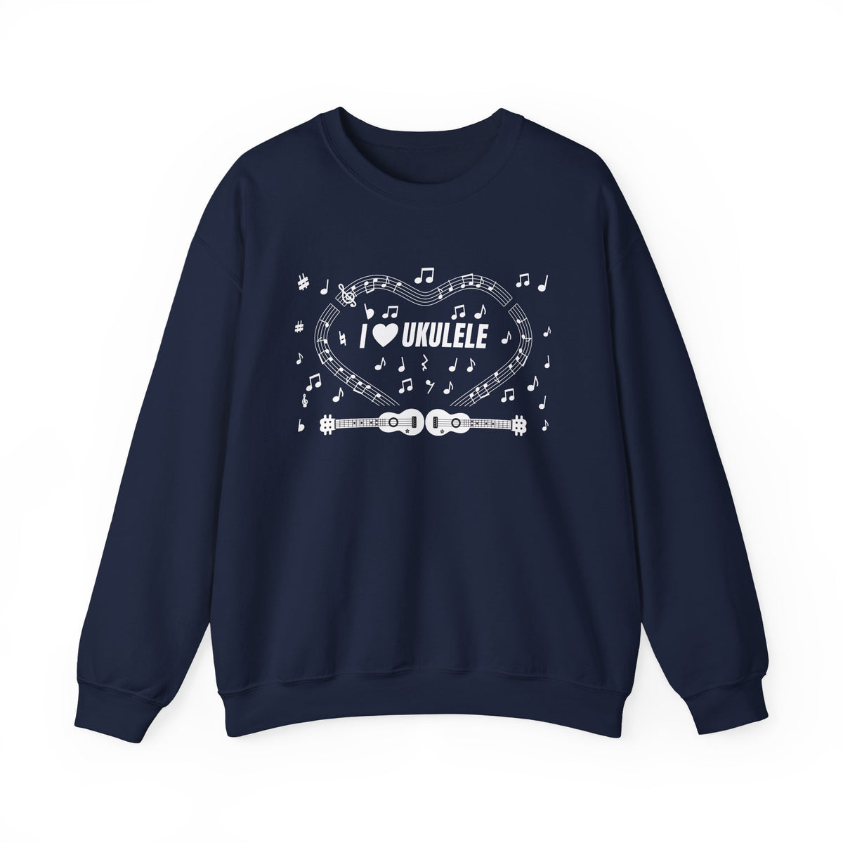 Music-themed Unisex Heavy Blend Crewneck Sweatshirt: 'I love ukulele' - black & white