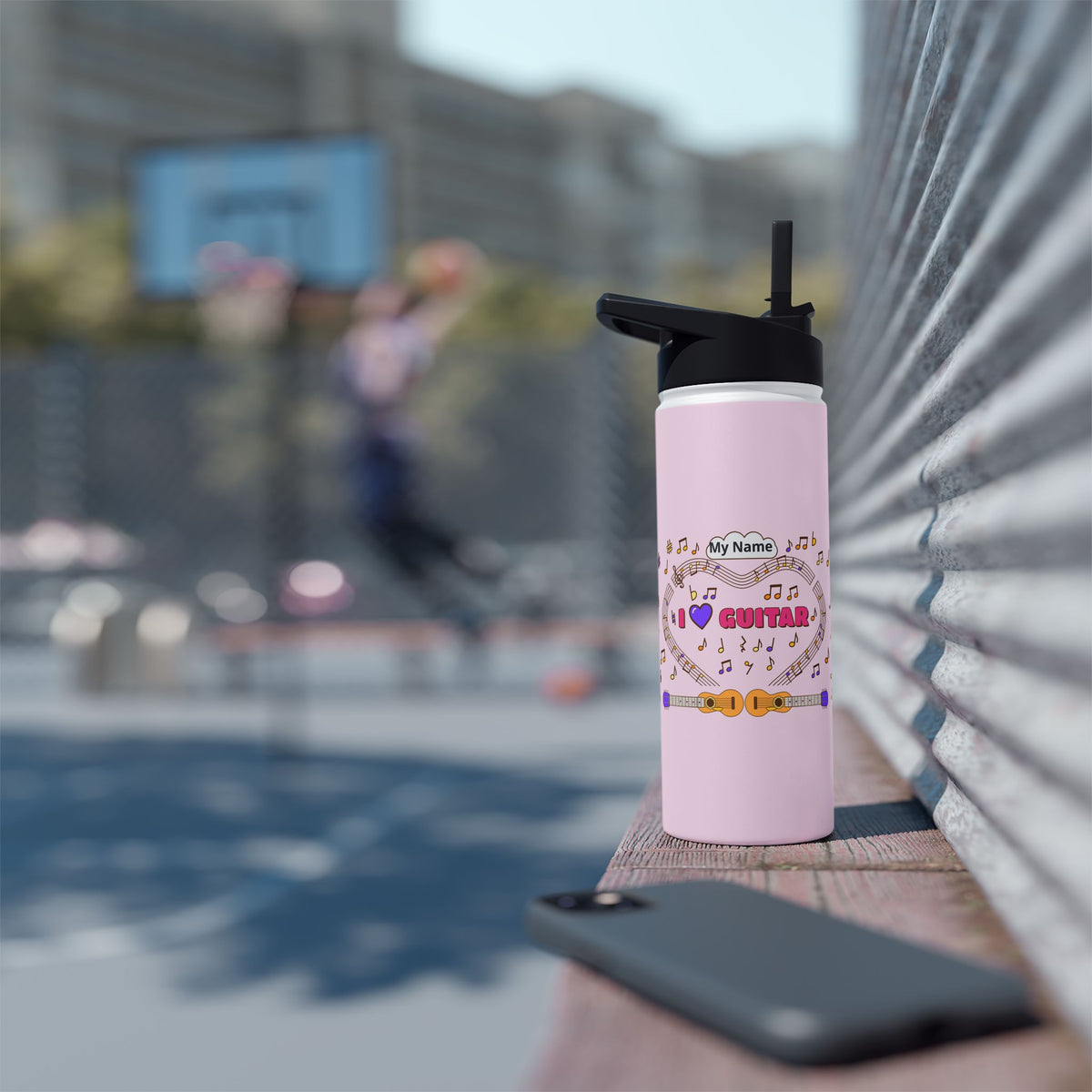 Music-themed Stainless Steel Water Bottle, Standard Lid: 'I love guitar' - pink