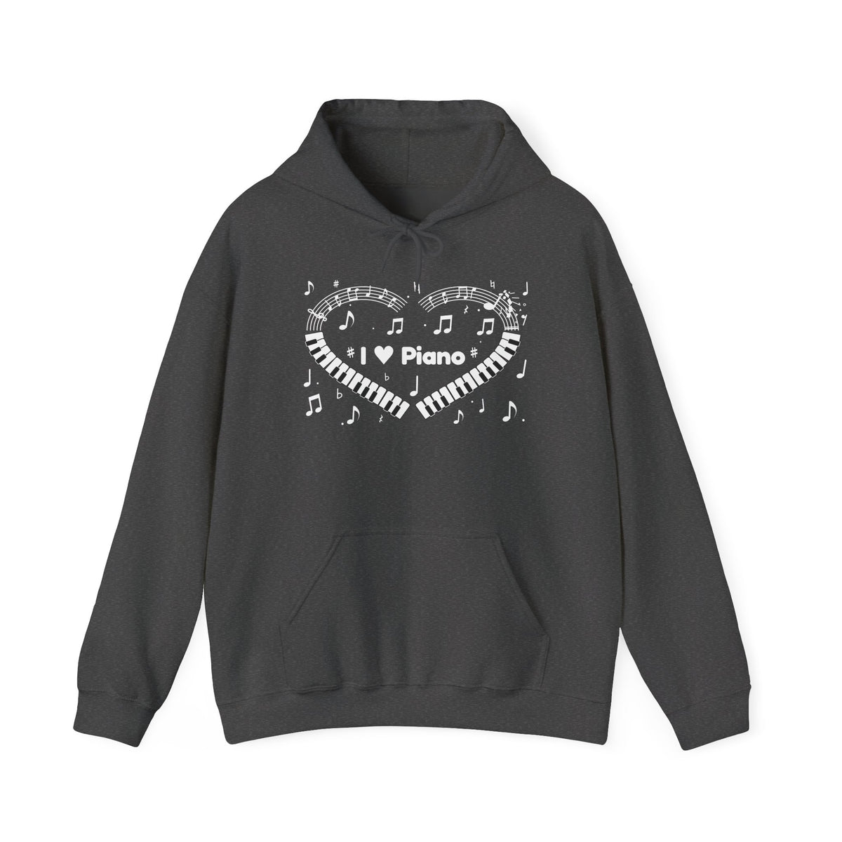 Music-themed Unisex Heavy Blend Hooded Sweatshirt: 'I love piano' heart - black & white