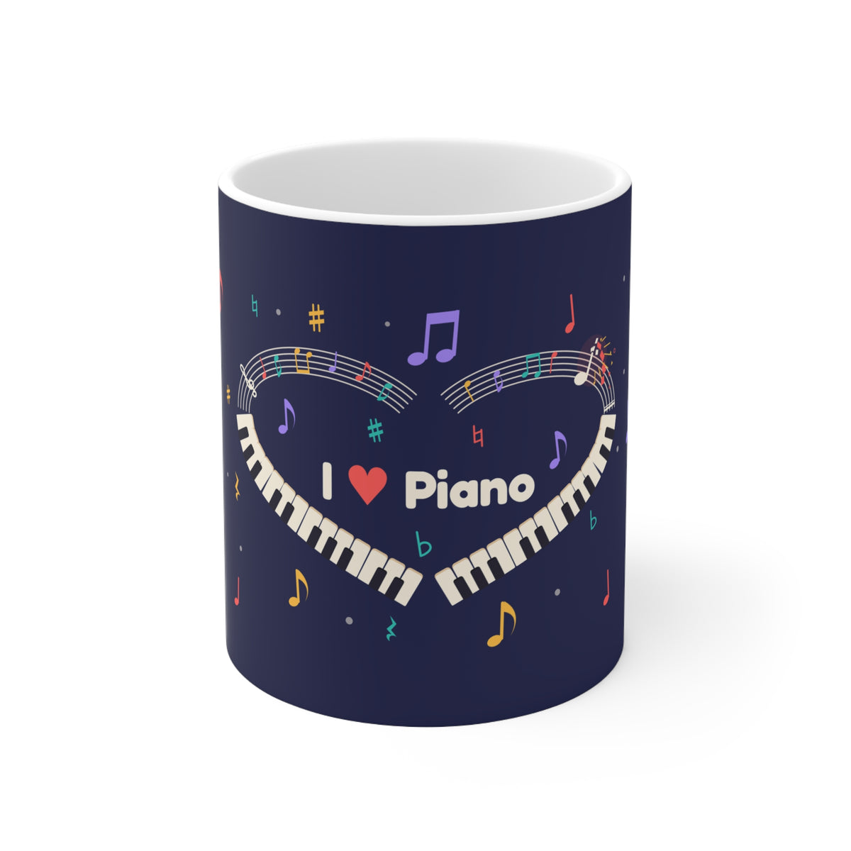Music-themed Ceramic Mug, 11oz, 15oz: 'I love piano' heart - navy