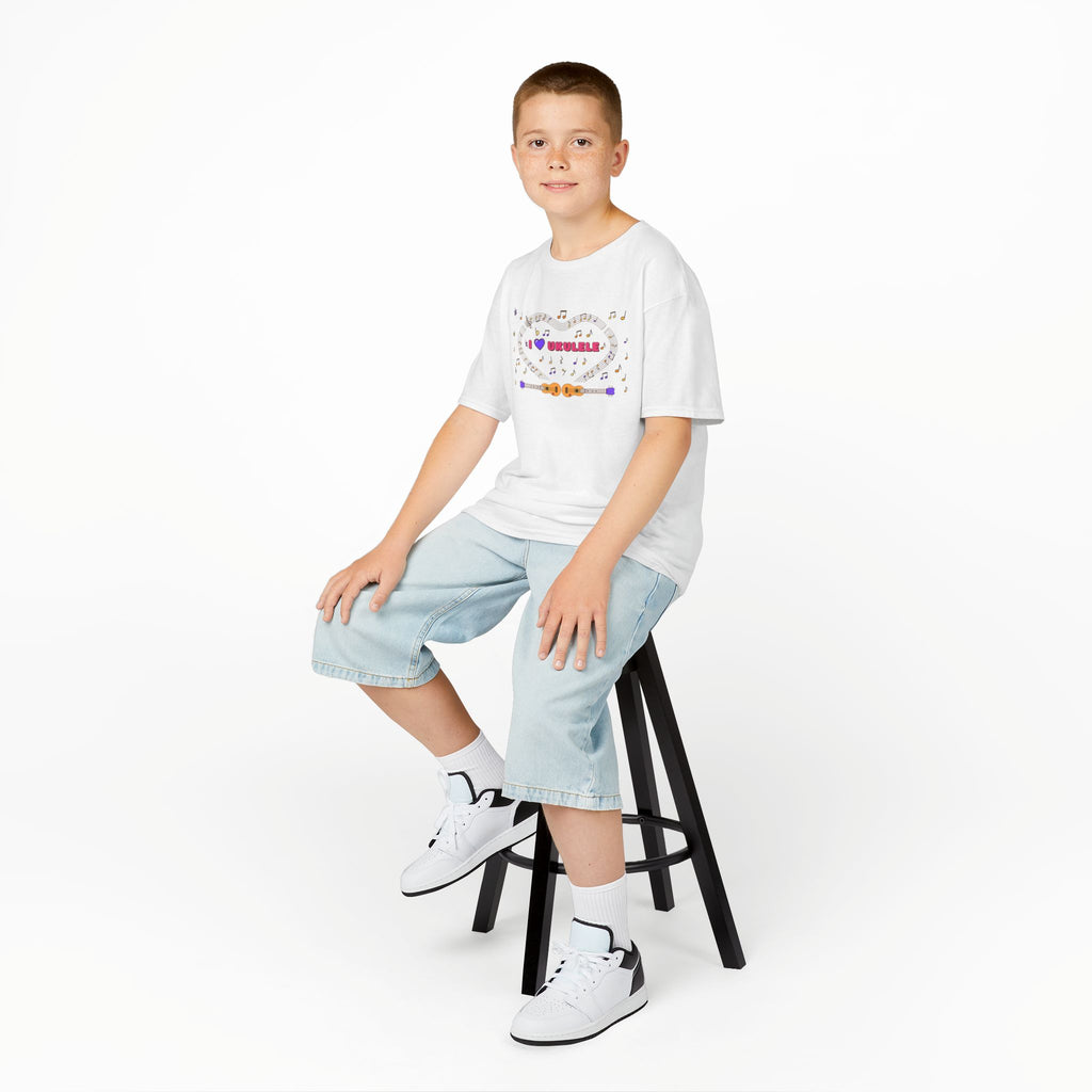 Music-themed Kids Heavy Cotton Tee: 'I love ukulele' - pink