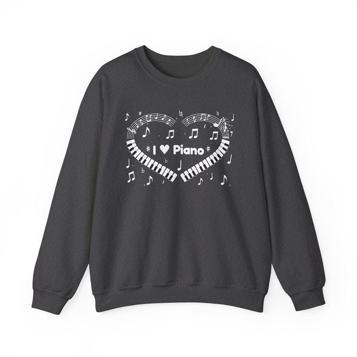 Music-themed Unisex Heavy Blend Crewneck Sweatshirt: 'I love piano' heart - black & white