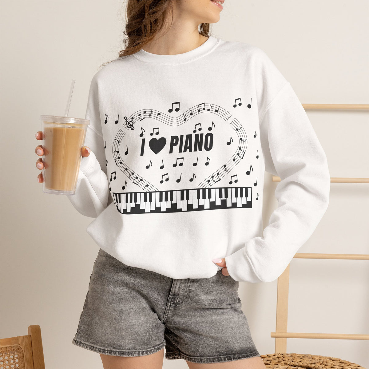 Music-themed Unisex Heavy Blend Crewneck Sweatshirt: 'I love piano' - black on white