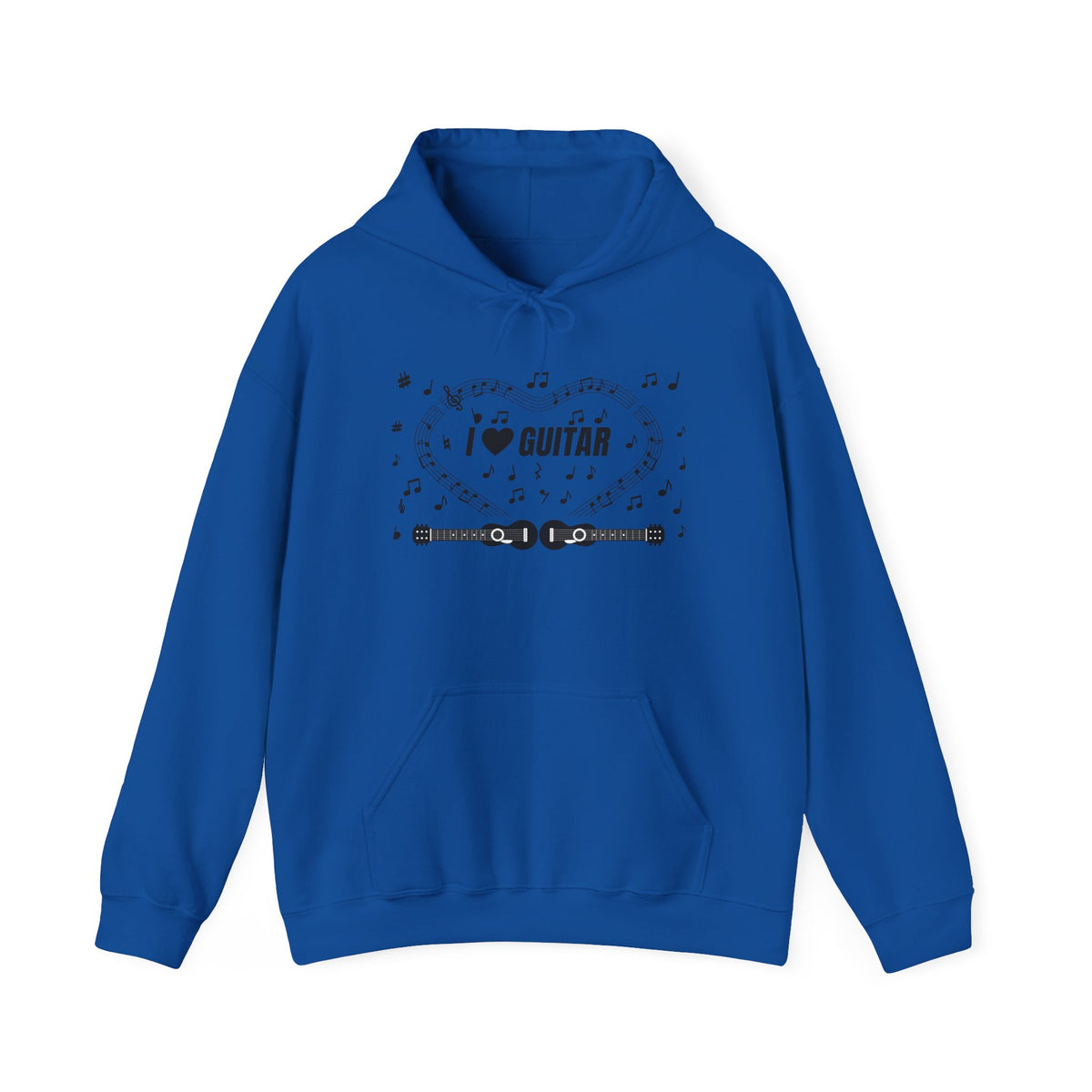 Music-themed Unisex Heavy Blend Hooded Sweatshirt: 'I love guitar' - black on white