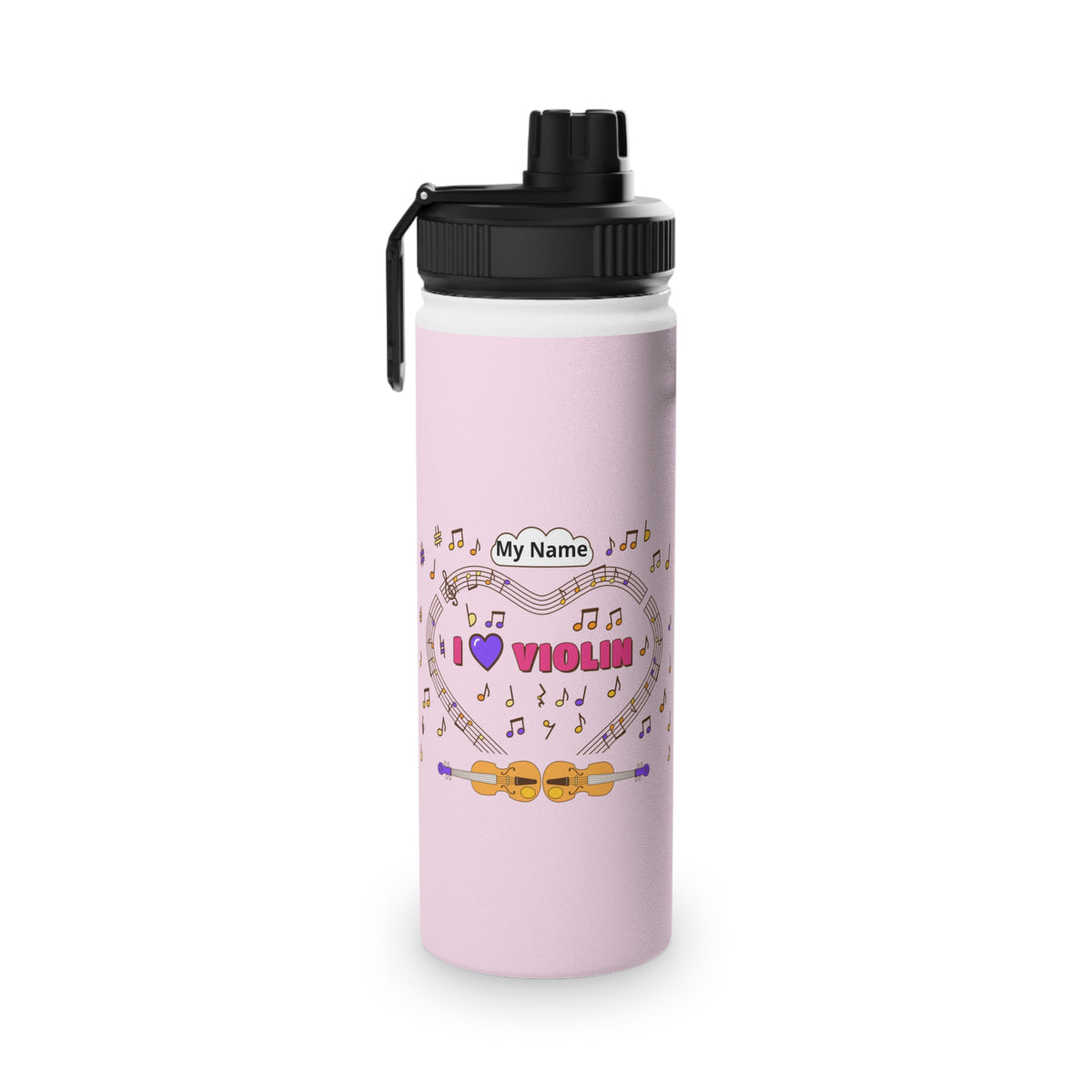 Music-themed Stainless Steel Water Bottle, Sports Lid: 'I love violin' - pink