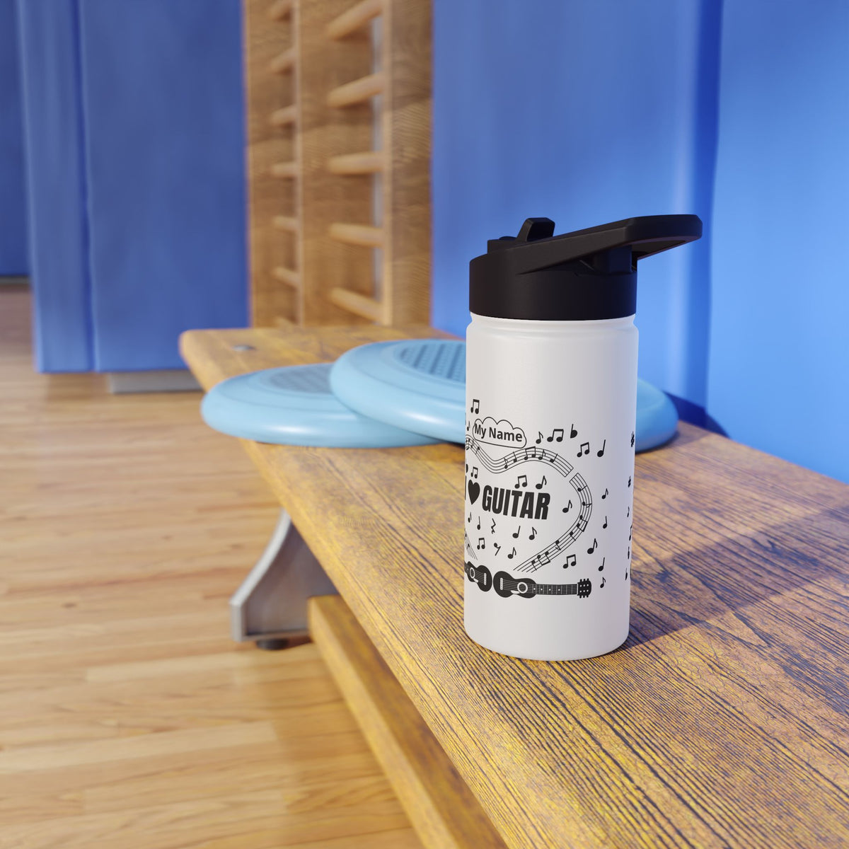 Music-themed Stainless Steel Water Bottle, Standard Lid: 'I love guitar' - black on white