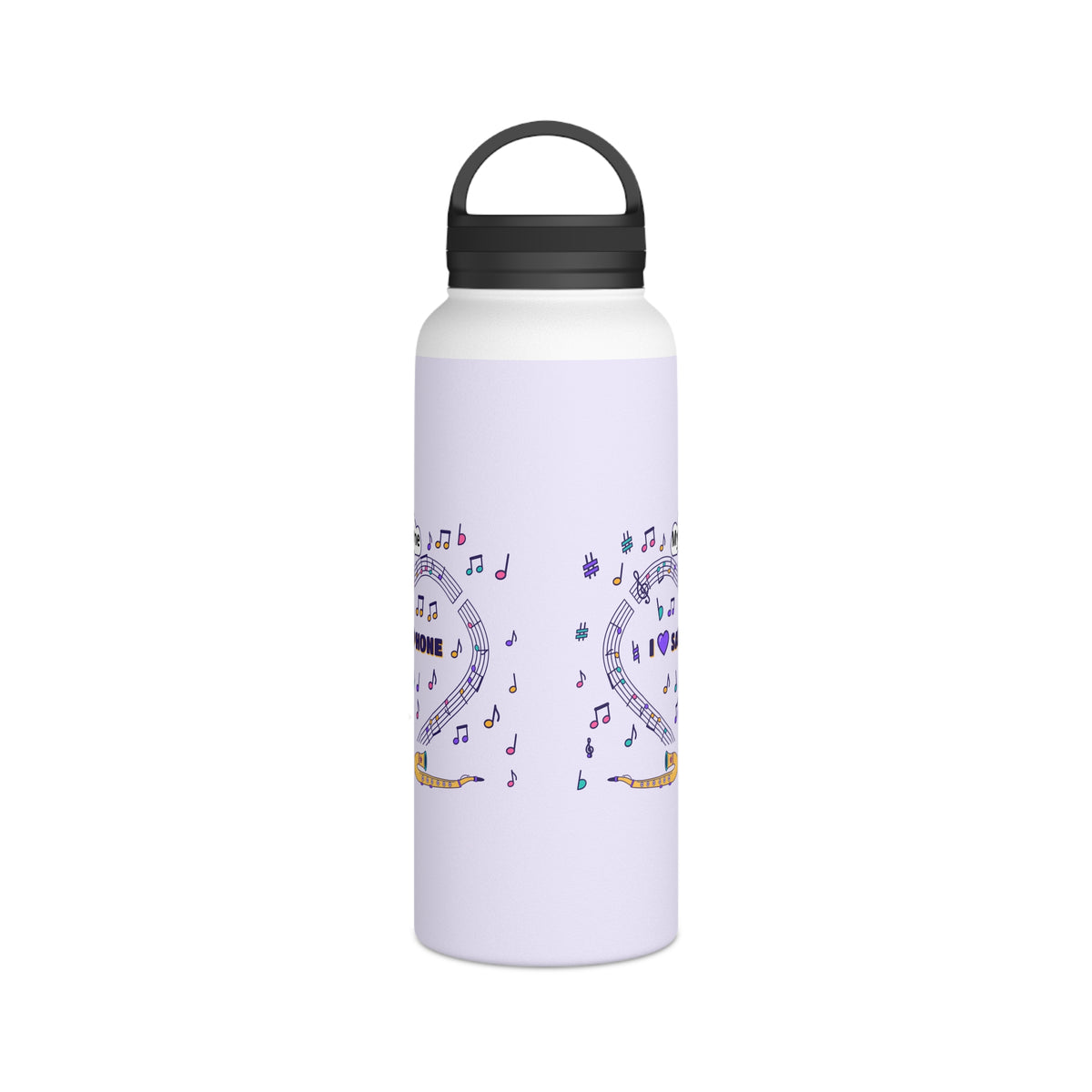 Music-themed Stainless Steel Water Bottle, Handle Lid: 'I love saxophone' - violet