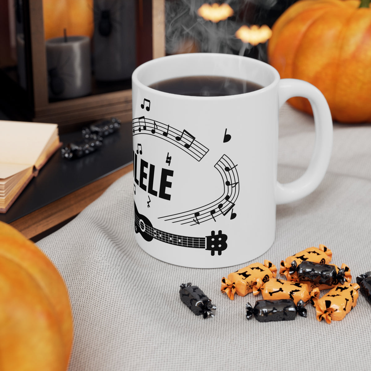 Music-themed Ceramic Mug, 11oz, 15oz: 'I love ukulele' - black on white
