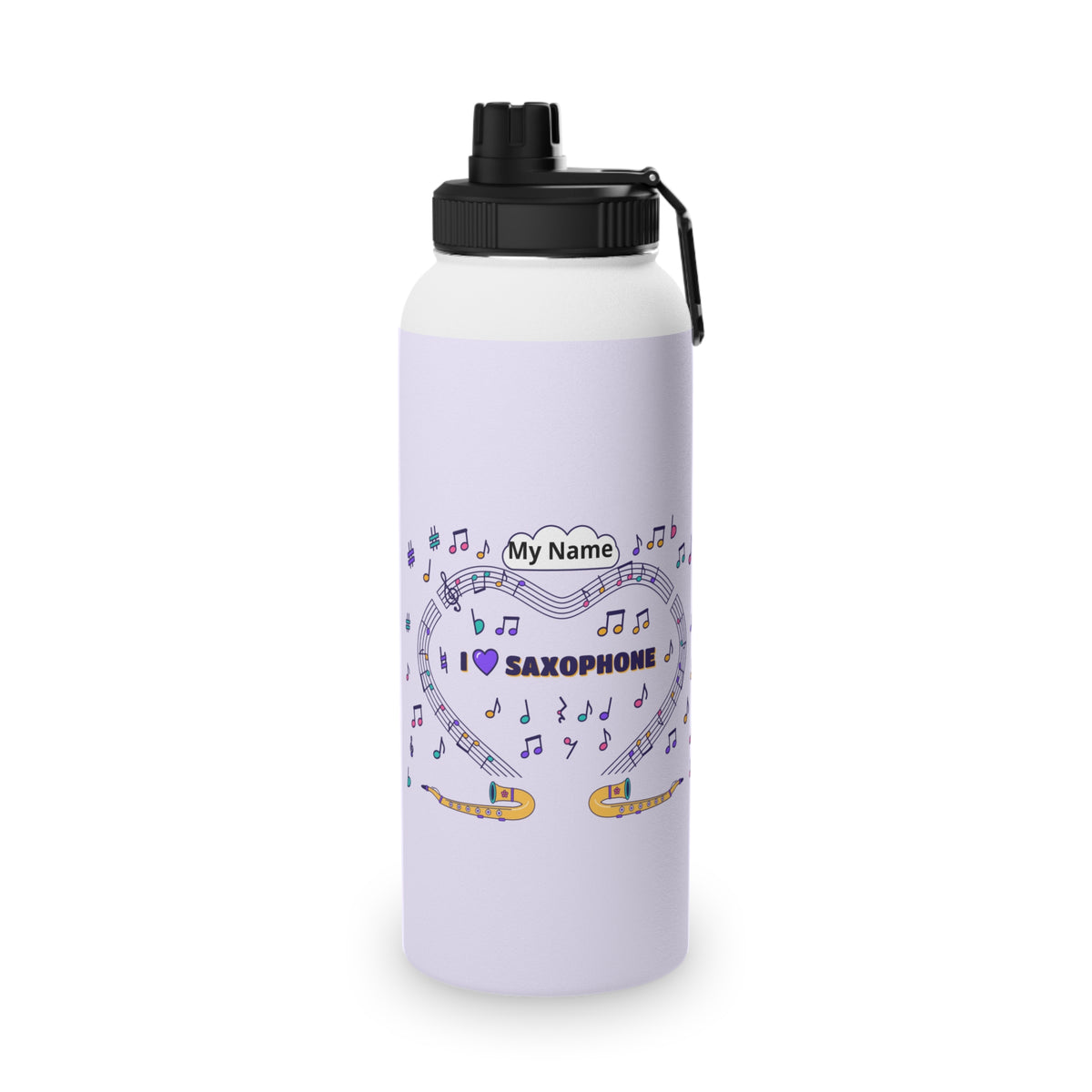 Music-themed Stainless Steel Water Bottle, Sports Lid: 'I love saxophone' - violet
