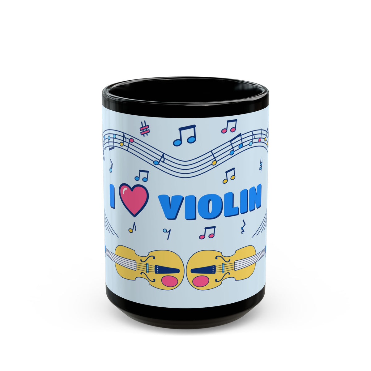 Music-themed Black Mug (11oz, 15oz): 'I love violin' - blue