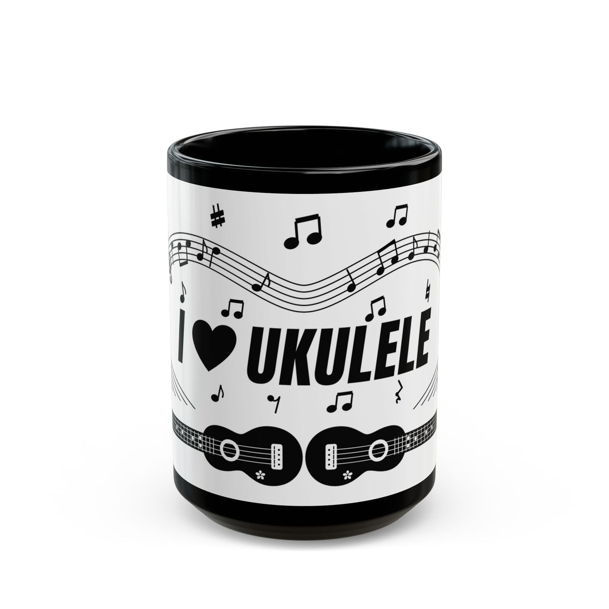 Music-themed Black Mug (11oz, 15oz): 'I love ukulele' - black on white