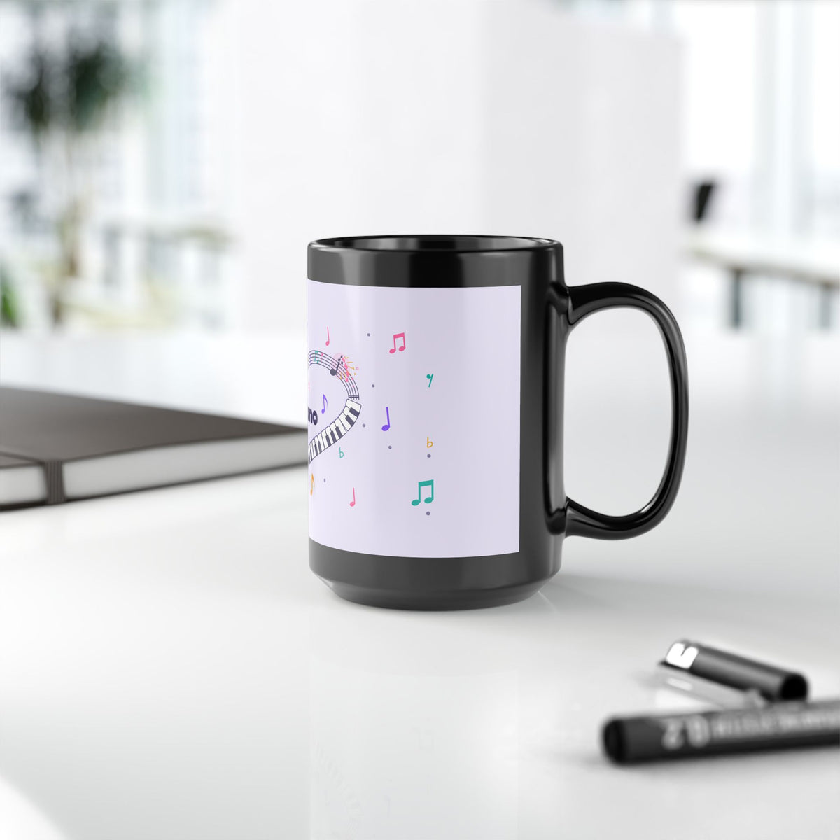 Music-themed Black Mug (11oz, 15oz): 'I love piano' heart - violet