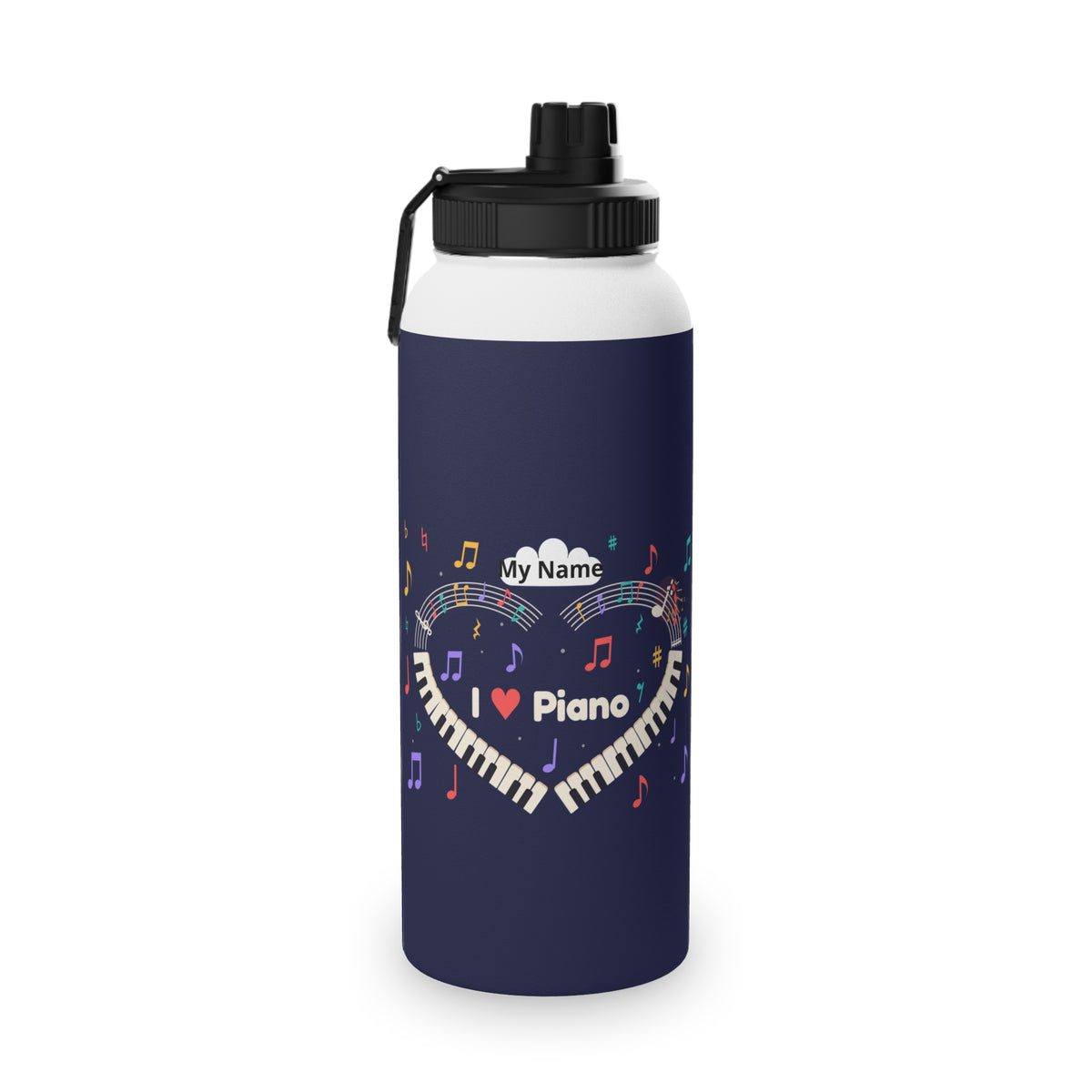 Music-themed Stainless Steel Water Bottle, Sports Lid: 'I love piano' heart - navy