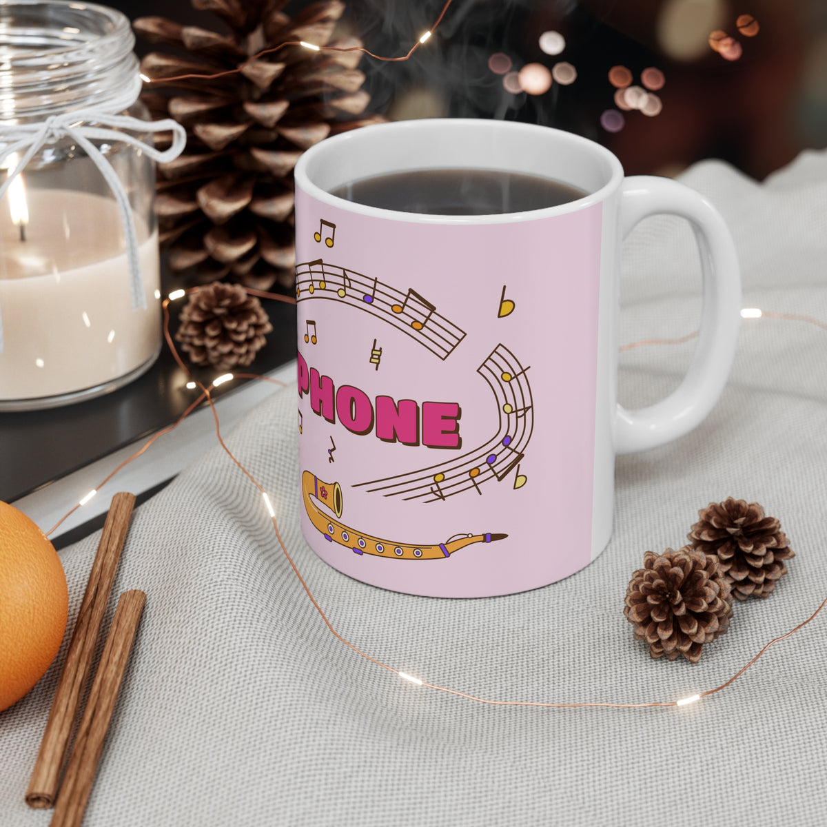Music-themed Ceramic Mug, 11oz, 15oz: 'I love saxophone' - pink