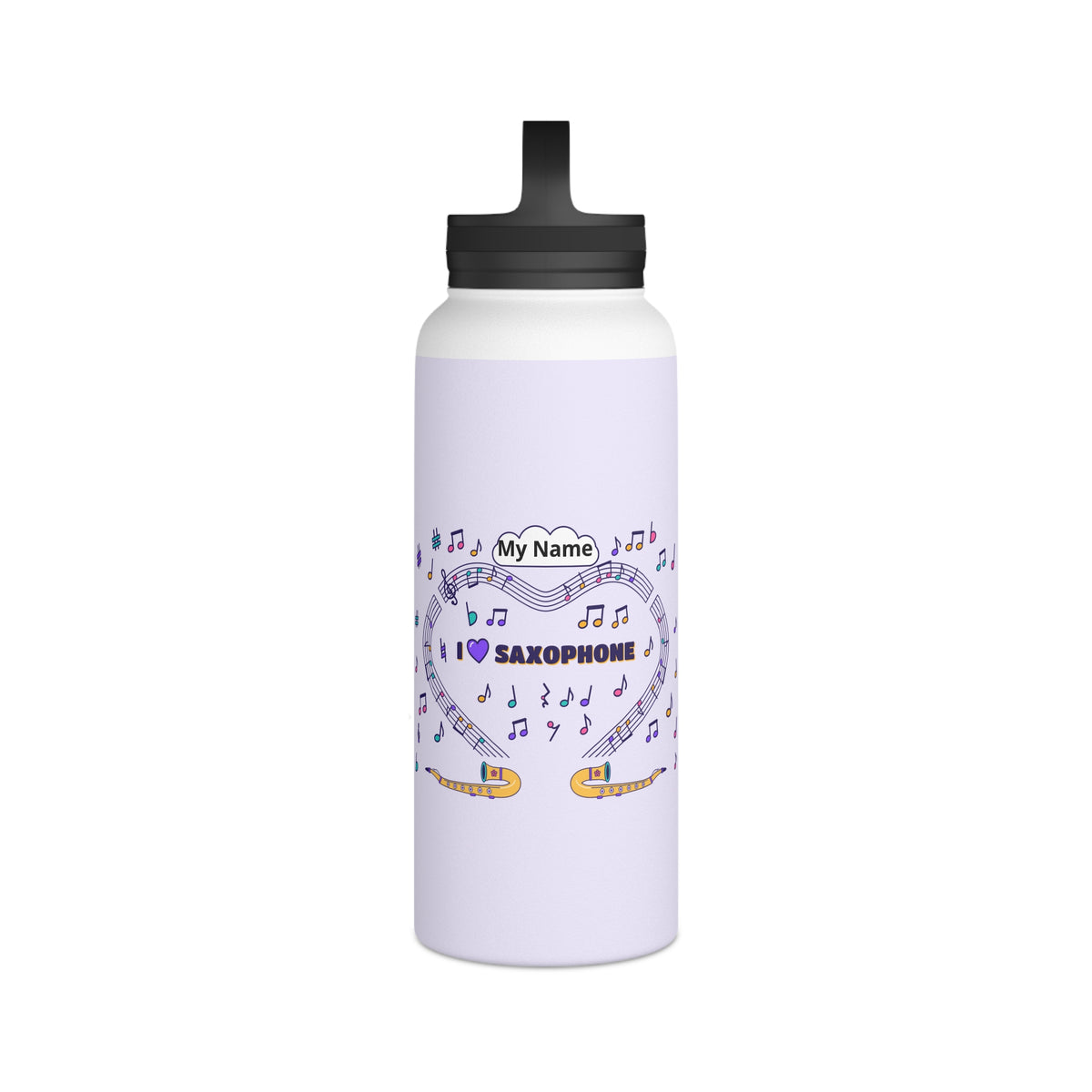Music-themed Stainless Steel Water Bottle, Handle Lid: 'I love saxophone' - violet