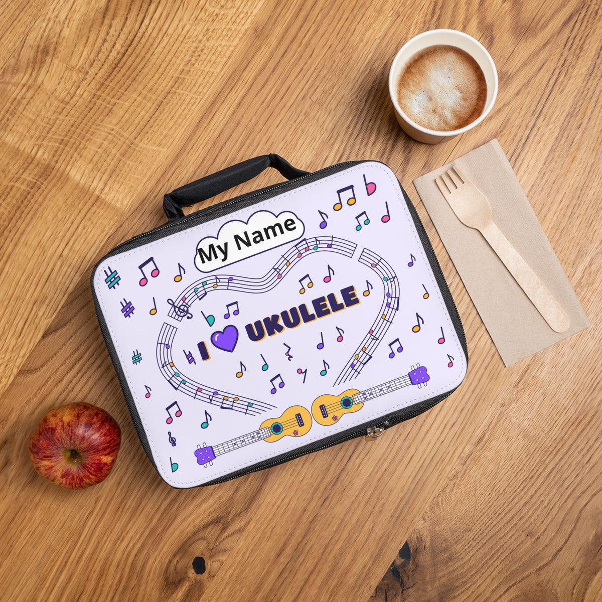 Music-themed Lunch Bag: 'I love ukulele' - violet
