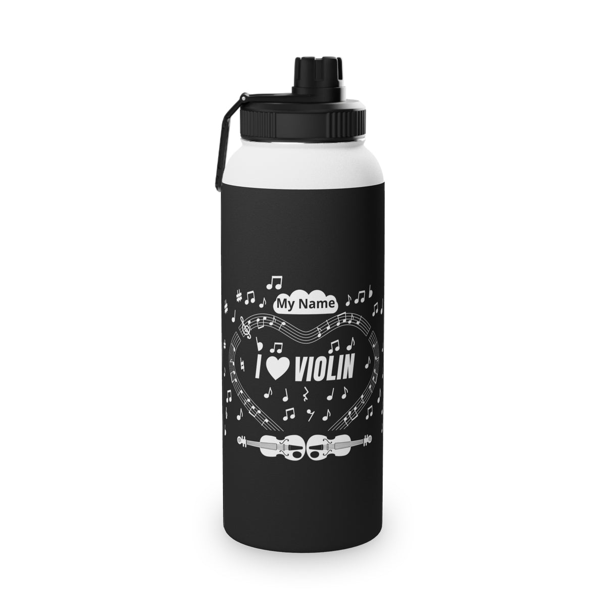 Music-themed Stainless Steel Water Bottle, Sports Lid: 'I love violin' - black & white