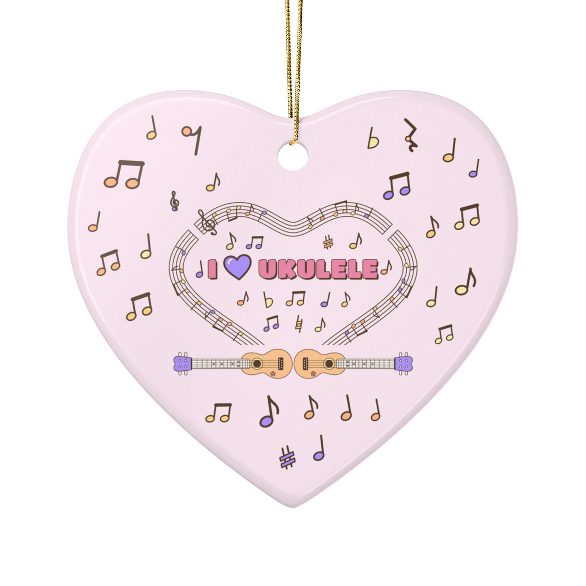 Music-themed Ceramic Ornaments, 2-Side Print: 'I love ukulele' - pink