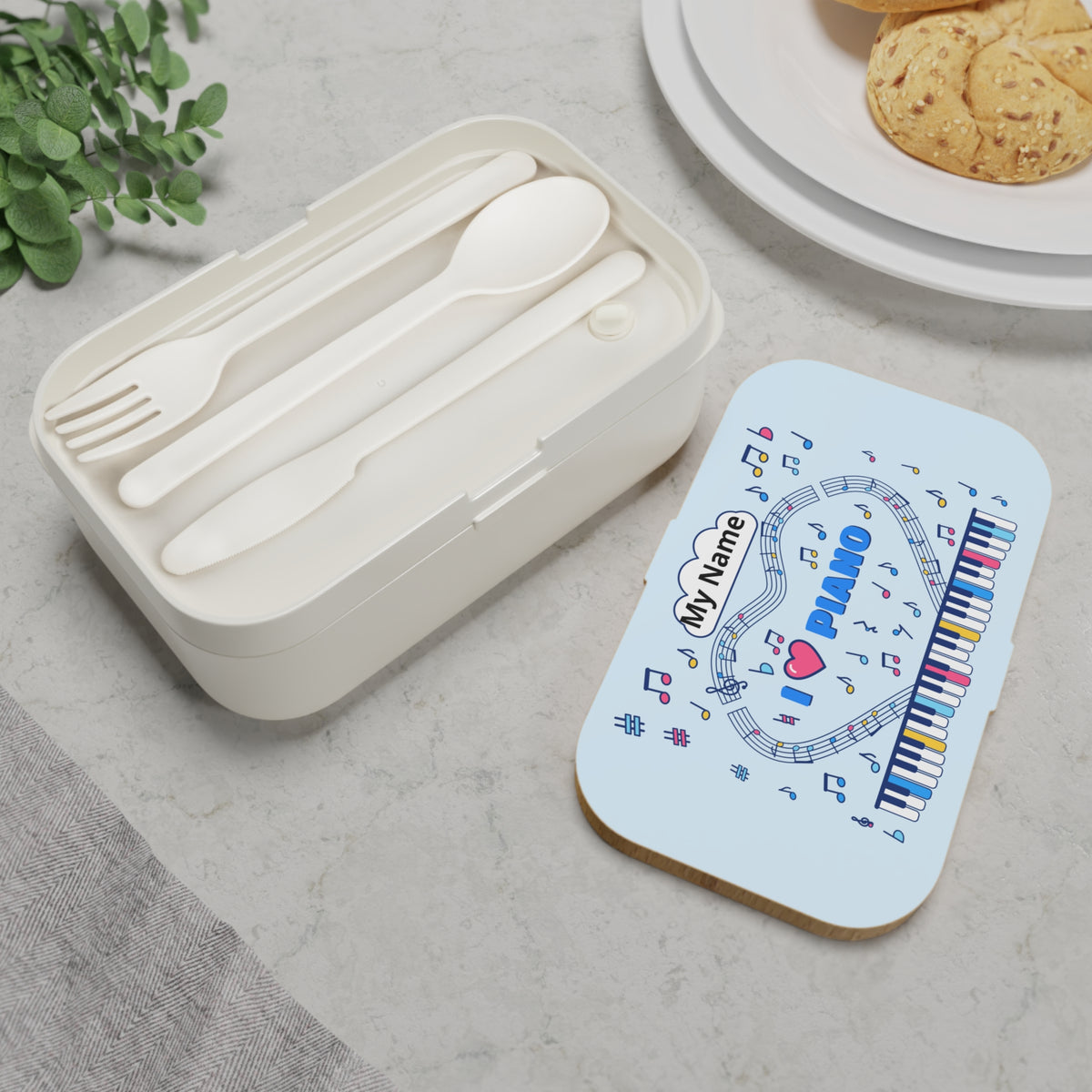 Music-themed Bento Lunch Box: 'I love piano' - blue