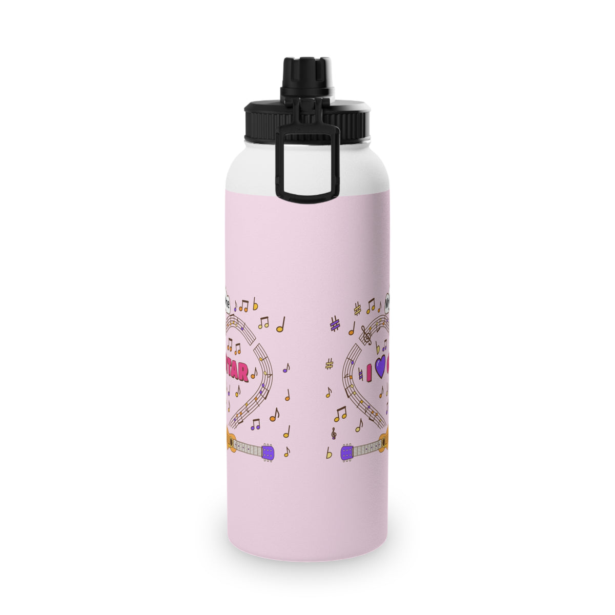 Music-themed Stainless Steel Water Bottle, Sports Lid: 'I love guitar' - pink