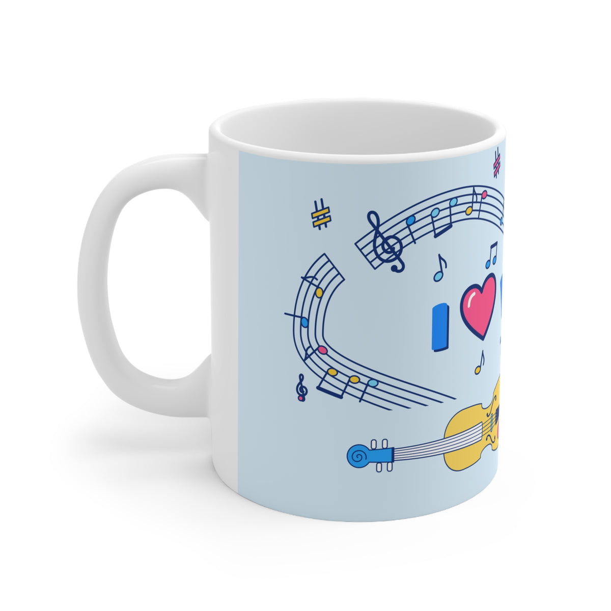 Music-themed Ceramic Mug, 11oz, 15oz: 'I love violin' - blue