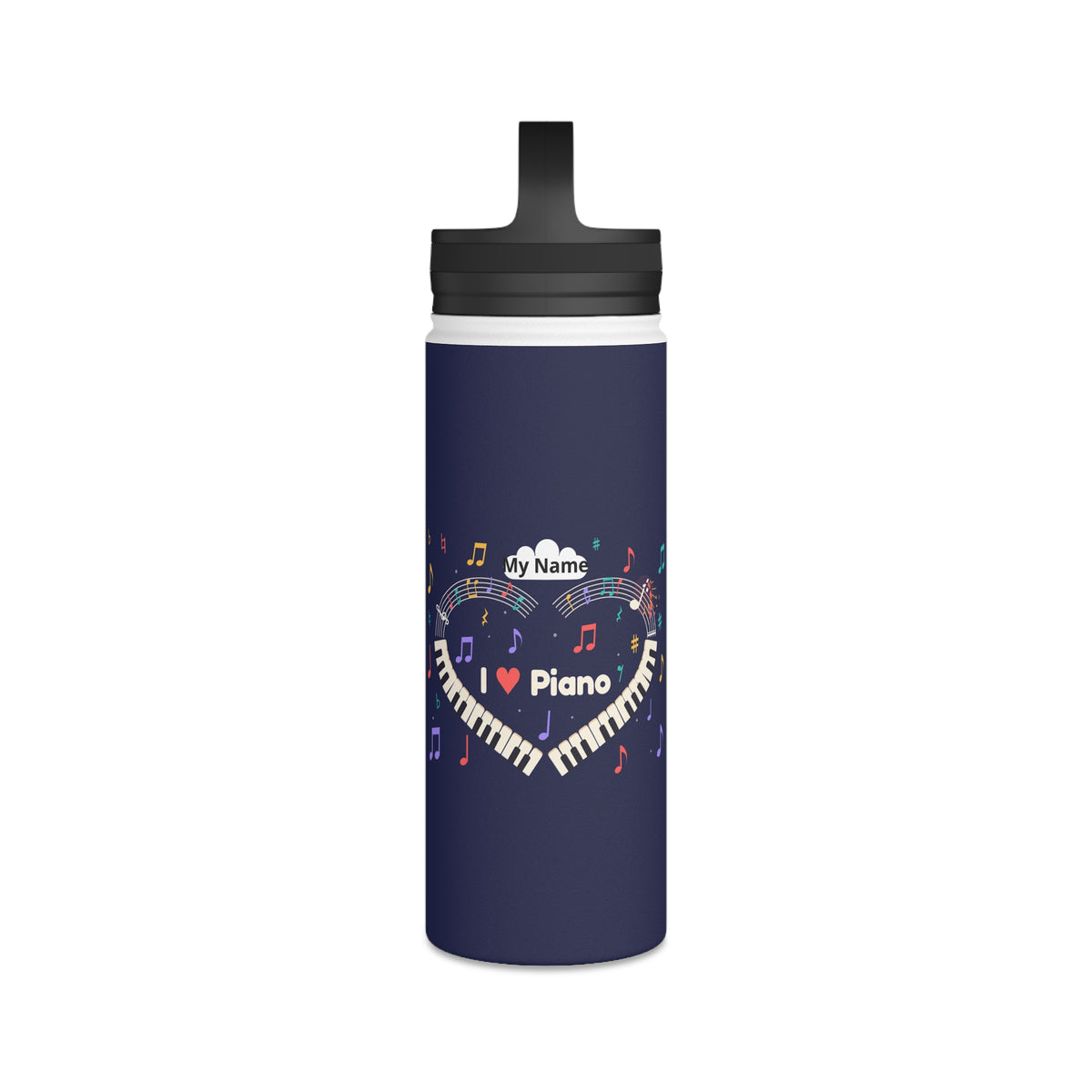 Music-themed Stainless Steel Water Bottle, Handle Lid: 'I love piano' heart - navy
