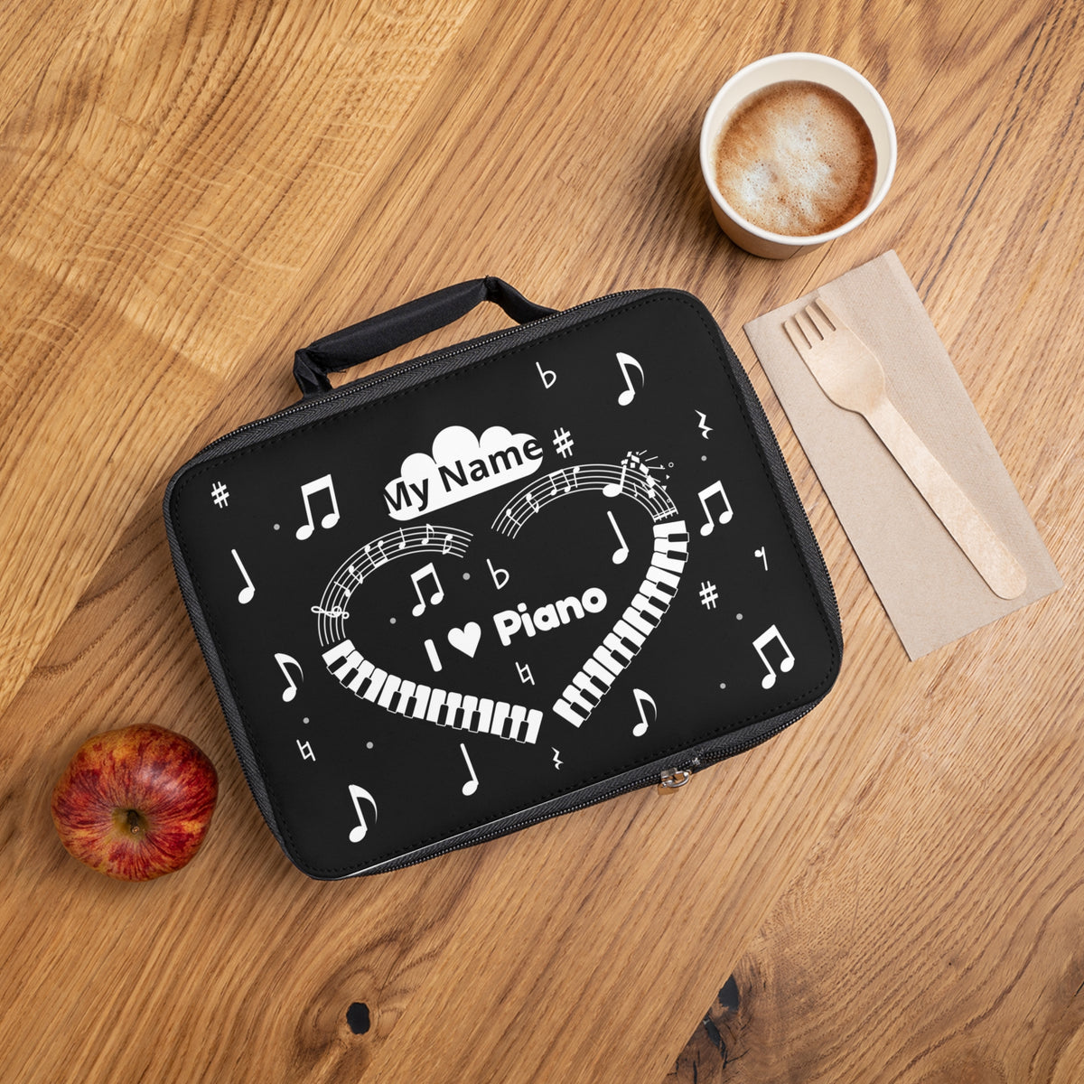 Music-themed Lunch Bag: 'I love piano' heart - black & white