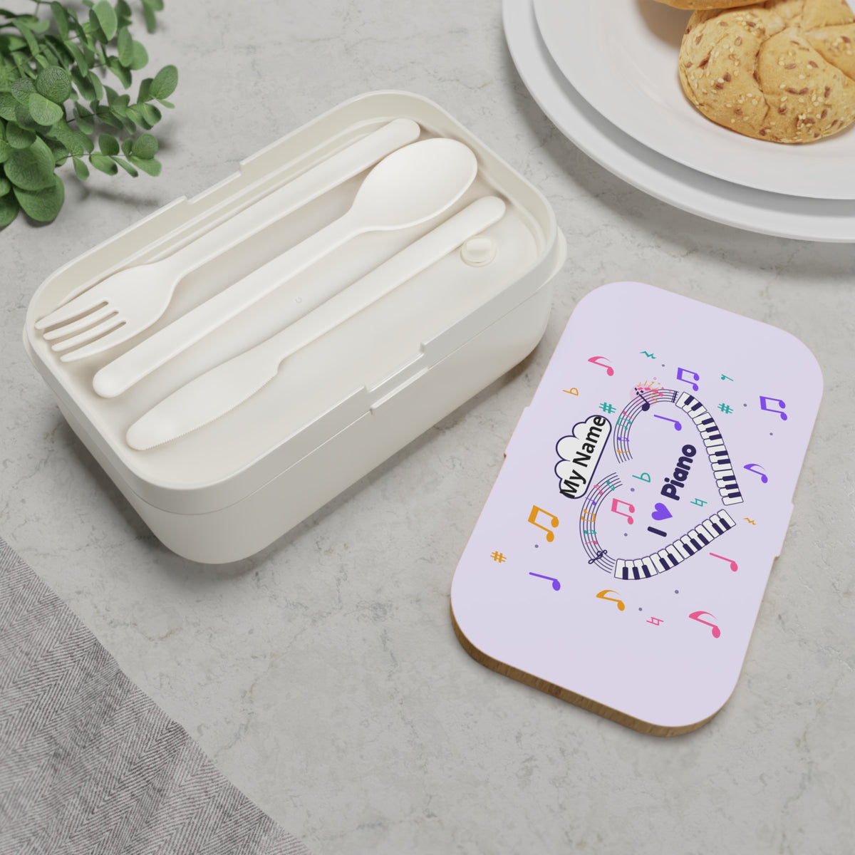 Music-themed Bento Lunch Box: 'I love piano' heart - violet