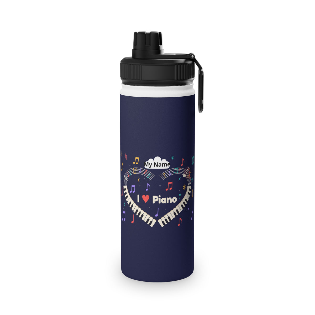 Music-themed Stainless Steel Water Bottle, Sports Lid: 'I love piano' heart - navy