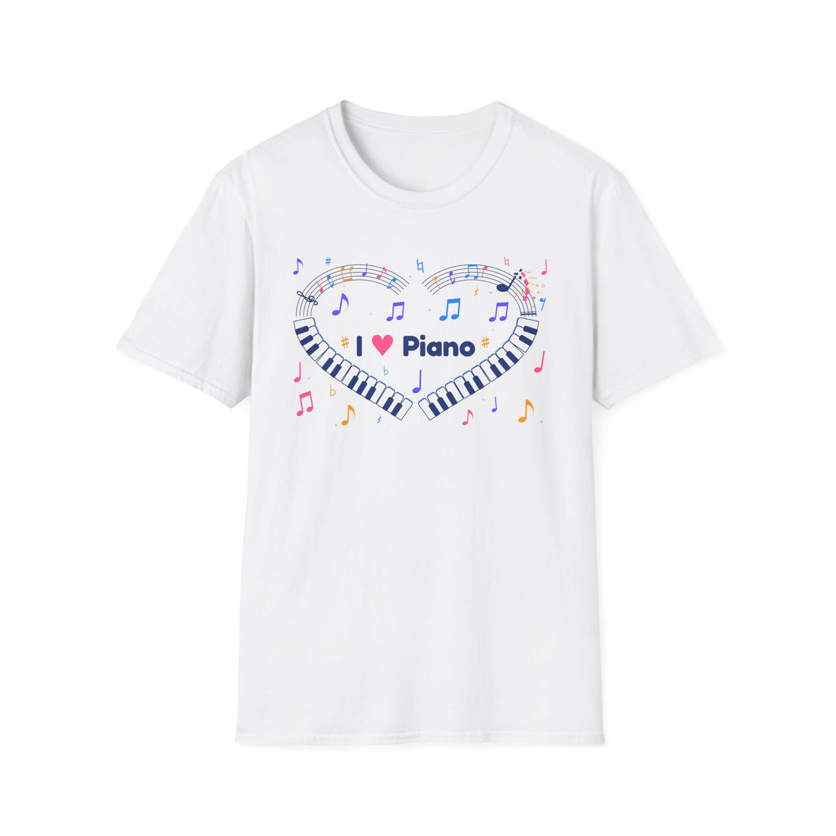 Music-themed Unisex Softstyle T-Shirt: 'I love piano' heart - blue