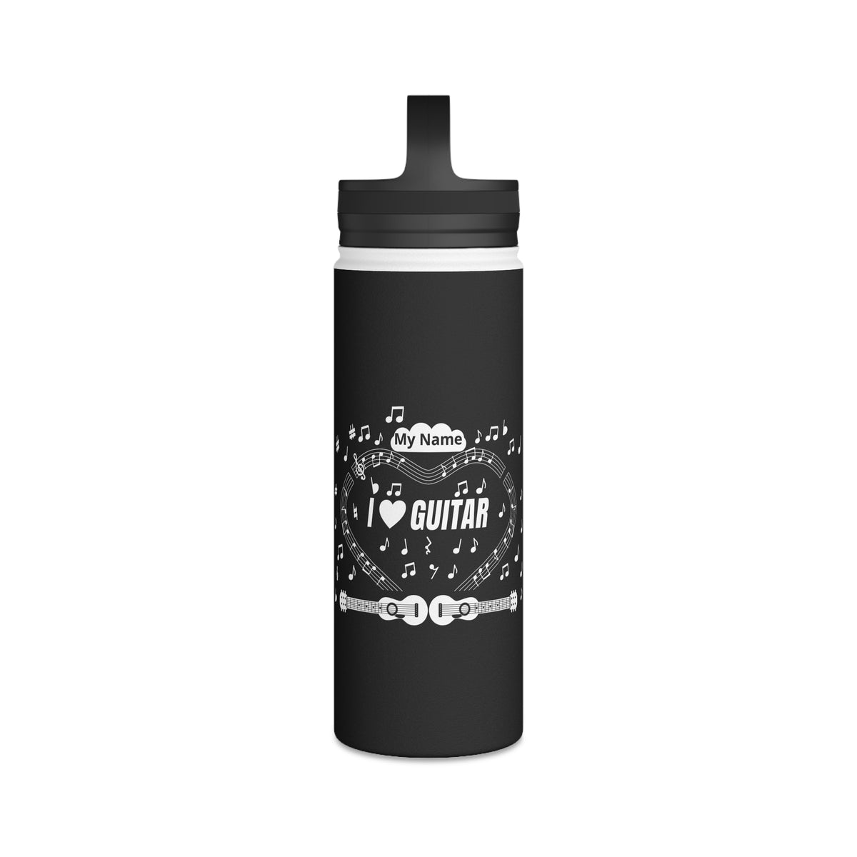 Music-themed Stainless Steel Water Bottle, Handle Lid: 'I love guitar' - black & white