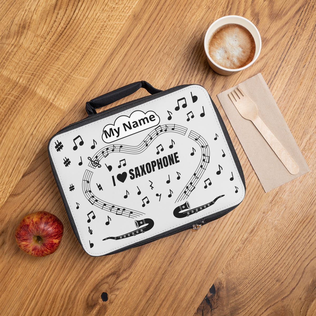 Music-themed Lunch Bag: 'I love saxophone' - black on white