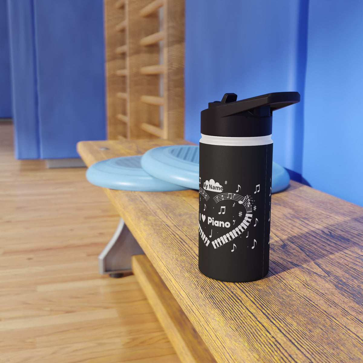 Music-themed Stainless Steel Water Bottle, Standard Lid: 'I love piano' heart - black & white