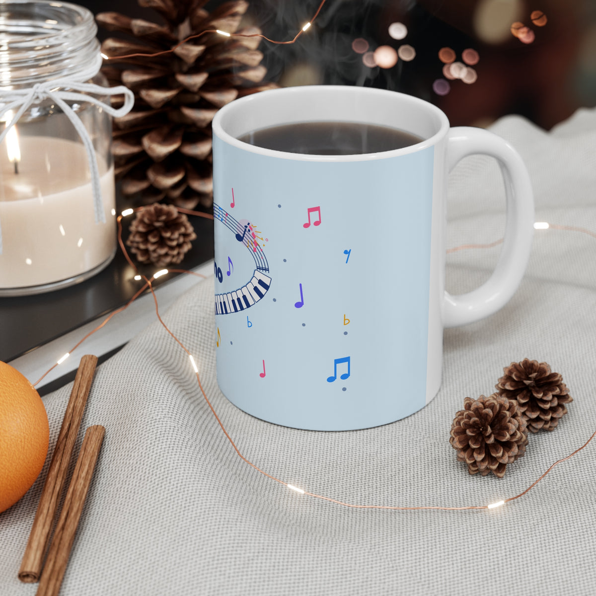Music-themed Ceramic Mug, 11oz, 15oz: 'I love piano' heart - blue