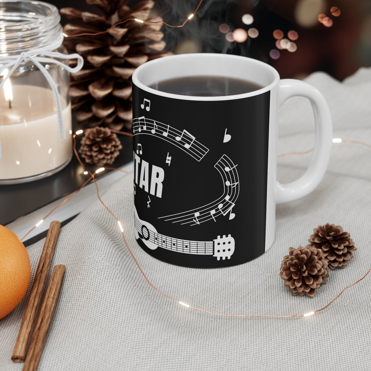 Music-themed Ceramic Mug, 11oz, 15oz: 'I love guitar' - black & white