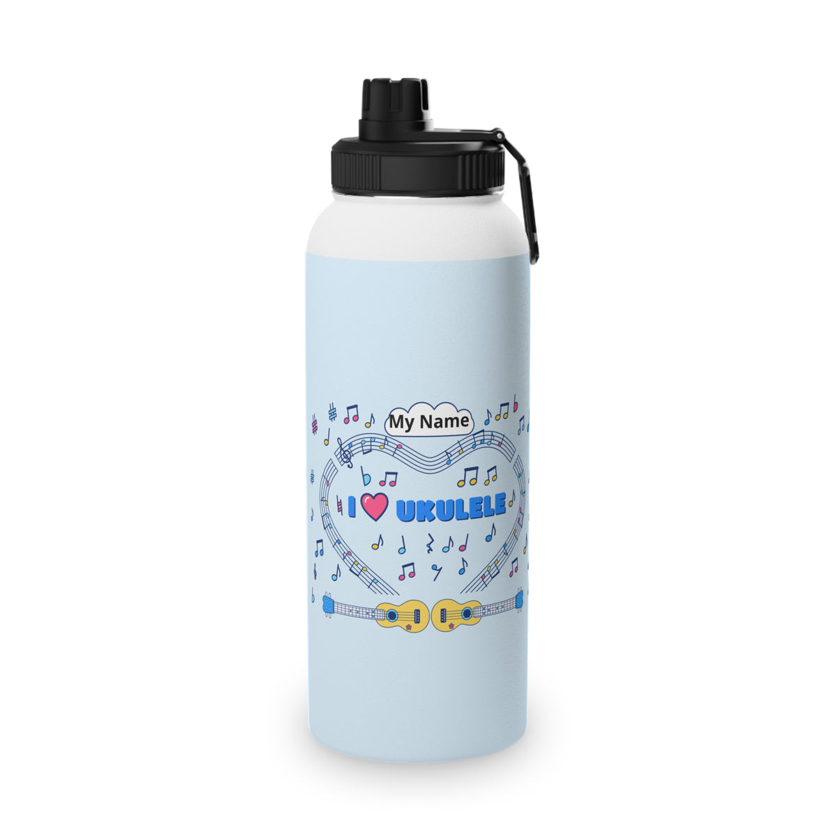 Music-themed Stainless Steel Water Bottle, Sports Lid: 'I love ukulele' - blue