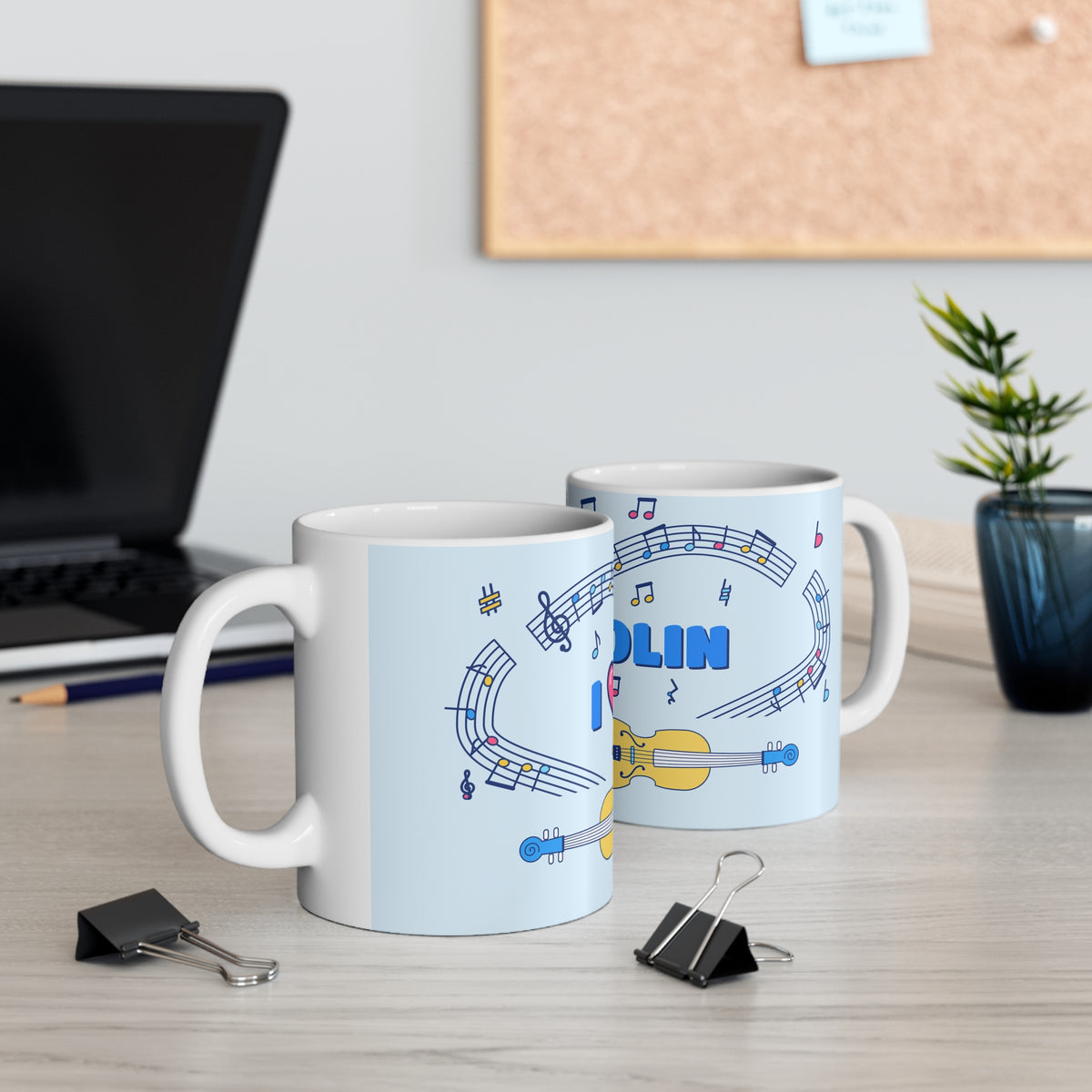 Music-themed Ceramic Mug, 11oz, 15oz: 'I love violin' - blue