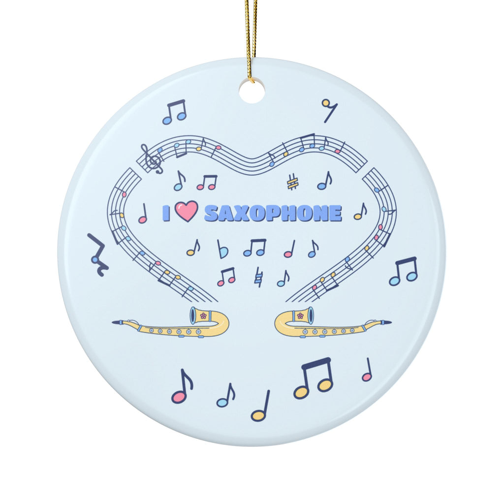 Music-themed Ceramic Ornaments, 2-Side Print: 'I love saxophone' - blue