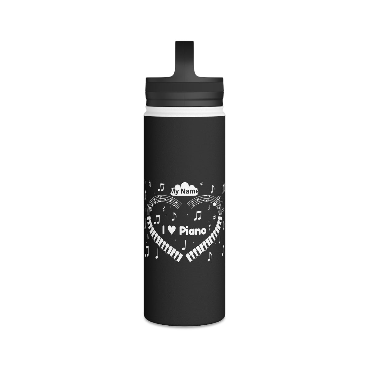 Music-themed Stainless Steel Water Bottle, Handle Lid: 'I love piano' heart - black & white