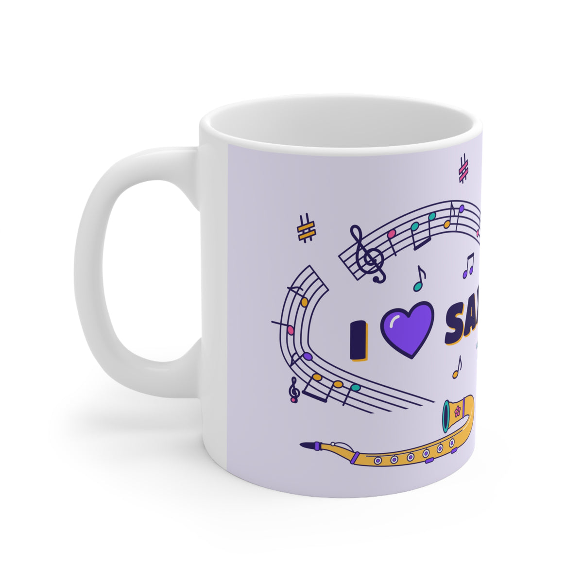 Music-themed Ceramic Mug, 11oz, 15oz: 'I love saxophone' - violet