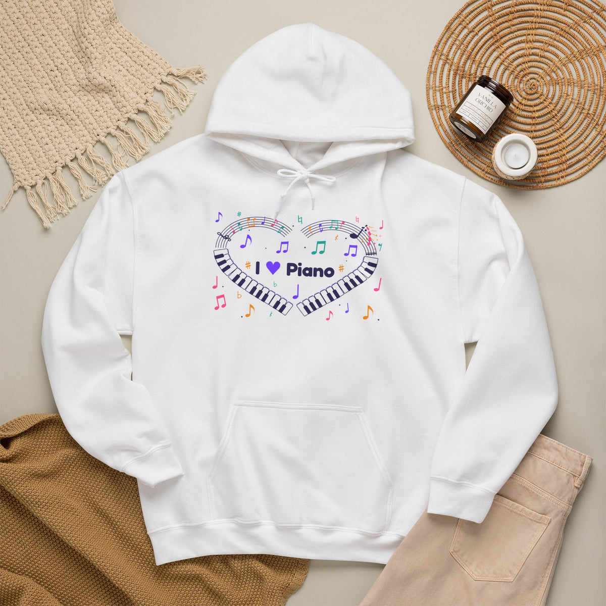 Music-themed Unisex Heavy Blend Hooded Sweatshirt: 'I love piano' heart - violet