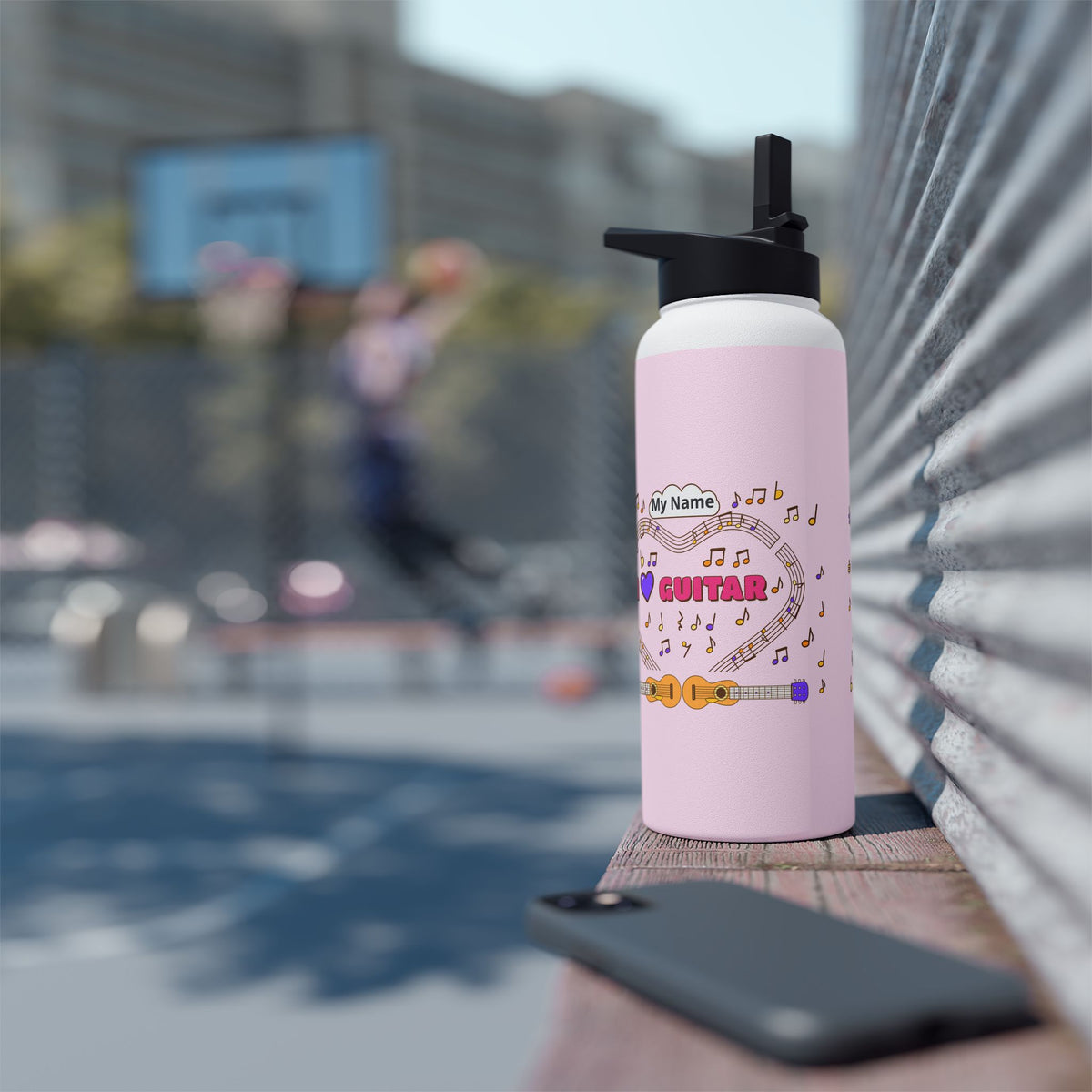 Music-themed Stainless Steel Water Bottle, Standard Lid: 'I love guitar' - pink