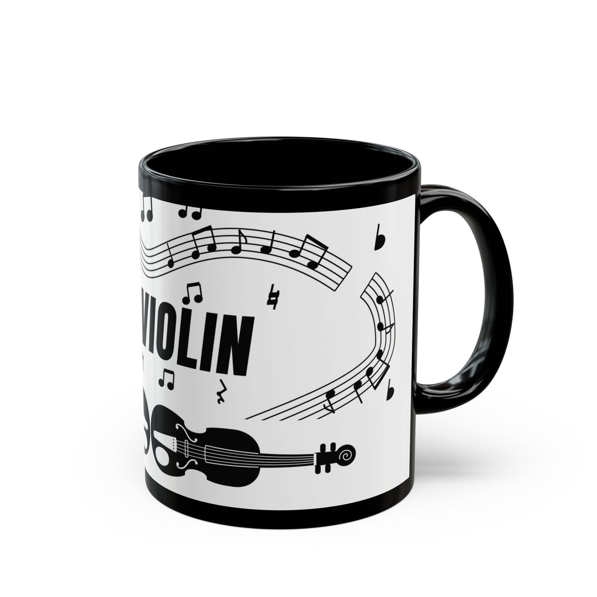 Music-themed Black Mug (11oz, 15oz): 'I love violin' - black on white
