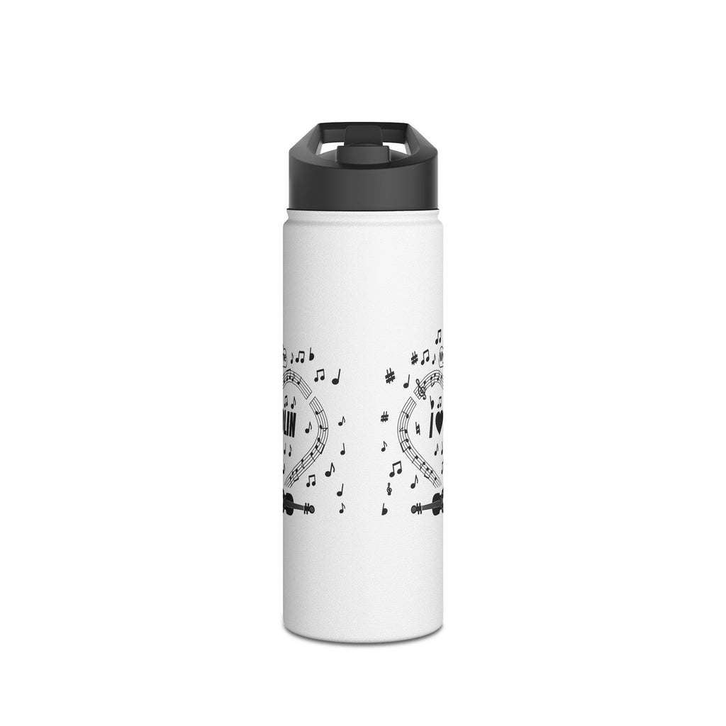 Music-themed Stainless Steel Water Bottle, Standard Lid: 'I love violin' - black on white
