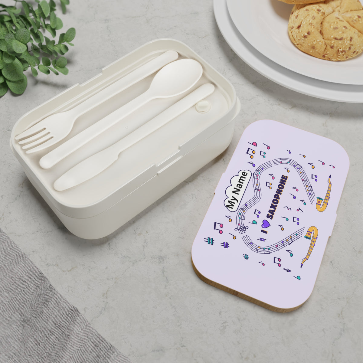 Music-themed Bento Lunch Box: 'I love saxophone' - violet
