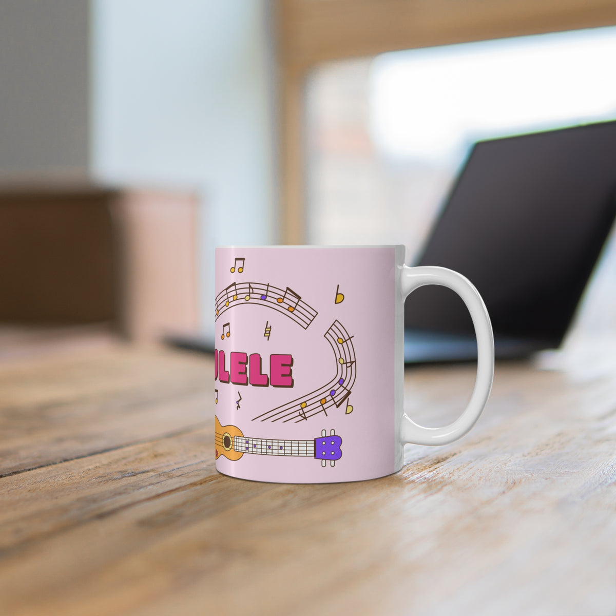 Music-themed Ceramic Mug, 11oz, 15oz: 'I love ukulele' - pink
