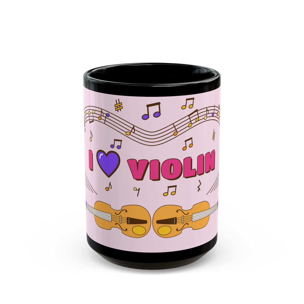Music-themed Black Mug (11oz, 15oz): 'I love violin' - pink